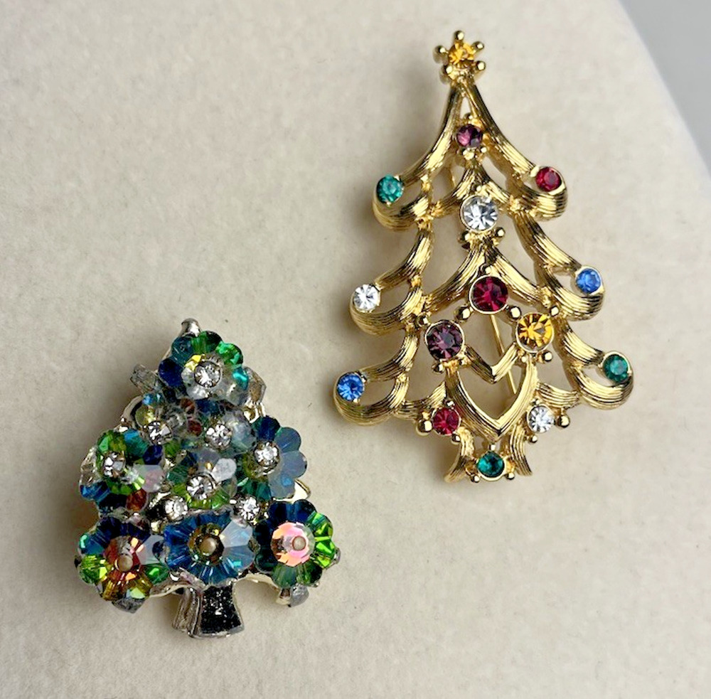 Monet Christmas Tree & Watermelon Crystal Rivoli AB Brooch Pin Vintage Xmas Lot
